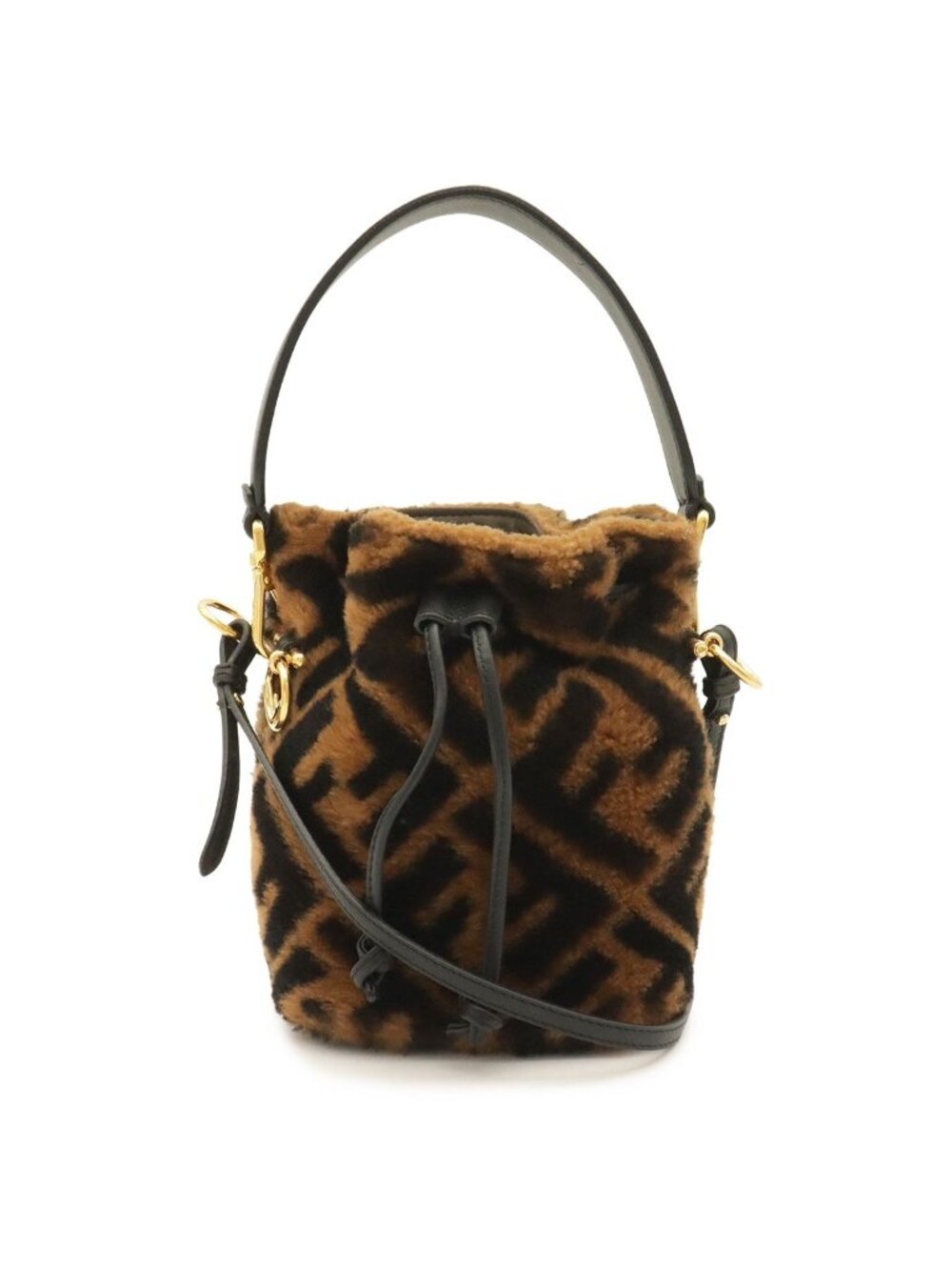 Fendi Zucca Montresor Mini Bucket Bag Drawstring Fur Leather Brown Black